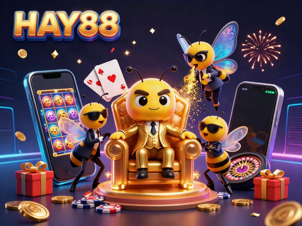 Engage with HAY88's dynamic casino scene featuring a buzzing bumblebee mob boss and unique gaming elements.