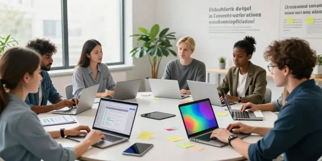 Collaboration on AI content generation for nonprofits in a modern office.