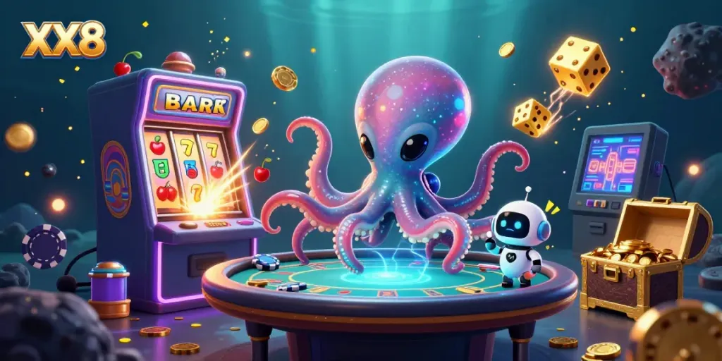 Engaging XX8 gameplay with an alien octopus at a holographic poker table surrounded by casino excitement.