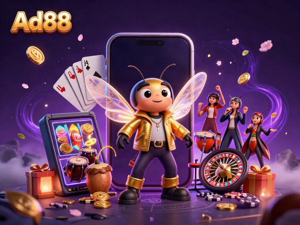Engage in thrills and excitement at Ad88, illustrated with vibrant characters and casino elements.