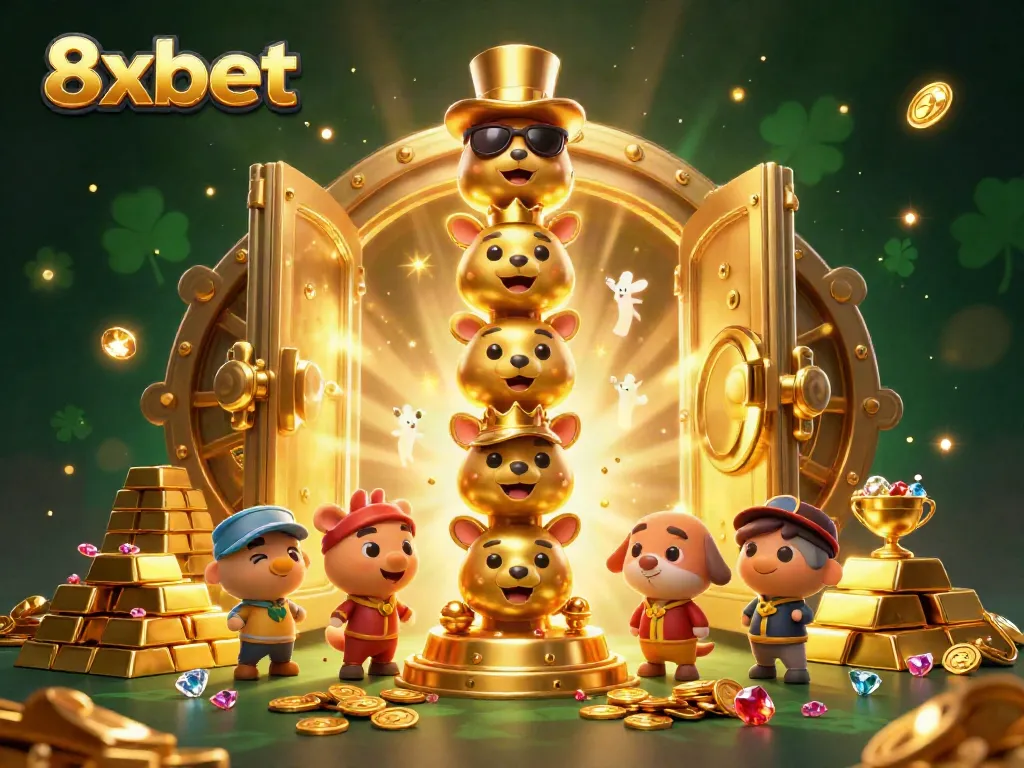 Engage with 8xbet's vibrant casino atmosphere featuring a golden totem and treasures.