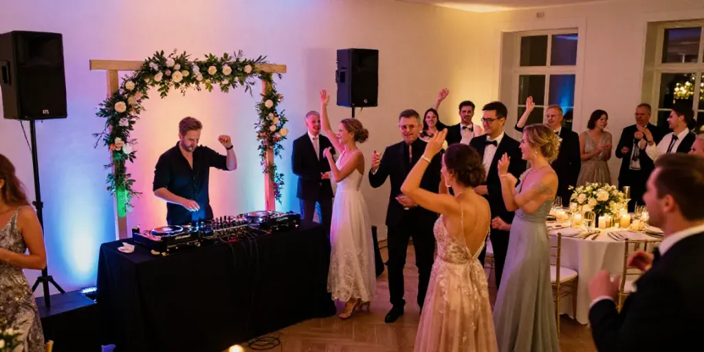 Hochzeit DJ Berlin Brandenburg creating an energetic atmosphere at a vibrant wedding reception with lively guests dancing.