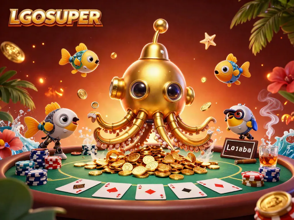 Experience thrilling gaming with LGOSUPER, where a golden kraken submarine mingles with poker elements in a vibrant scene.