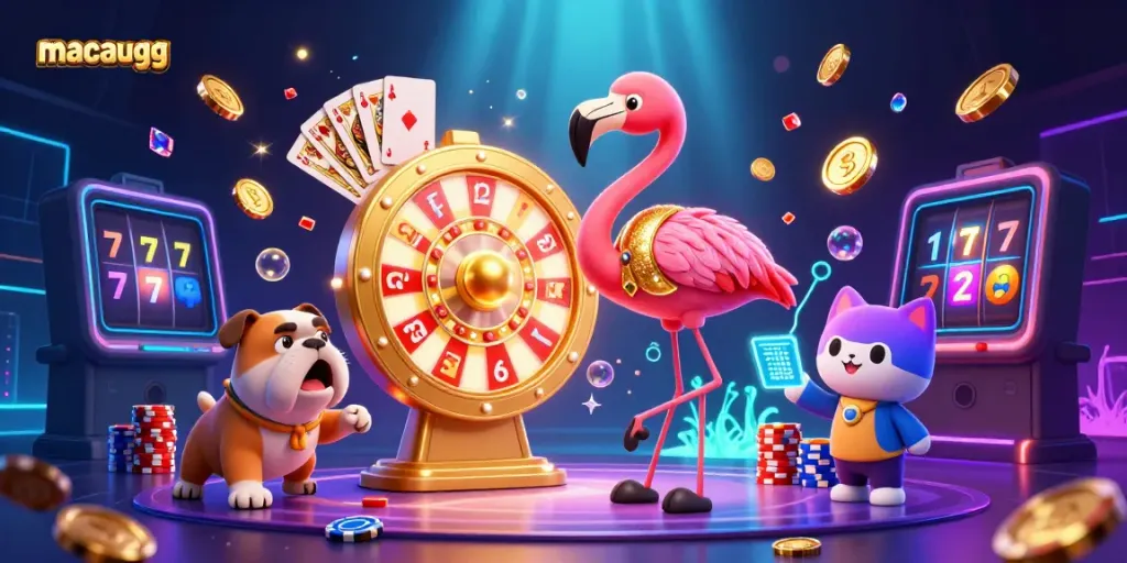 Spin the prize wheel with macaugg in a vibrant casino scene featuring a flamingo host and bulldog.