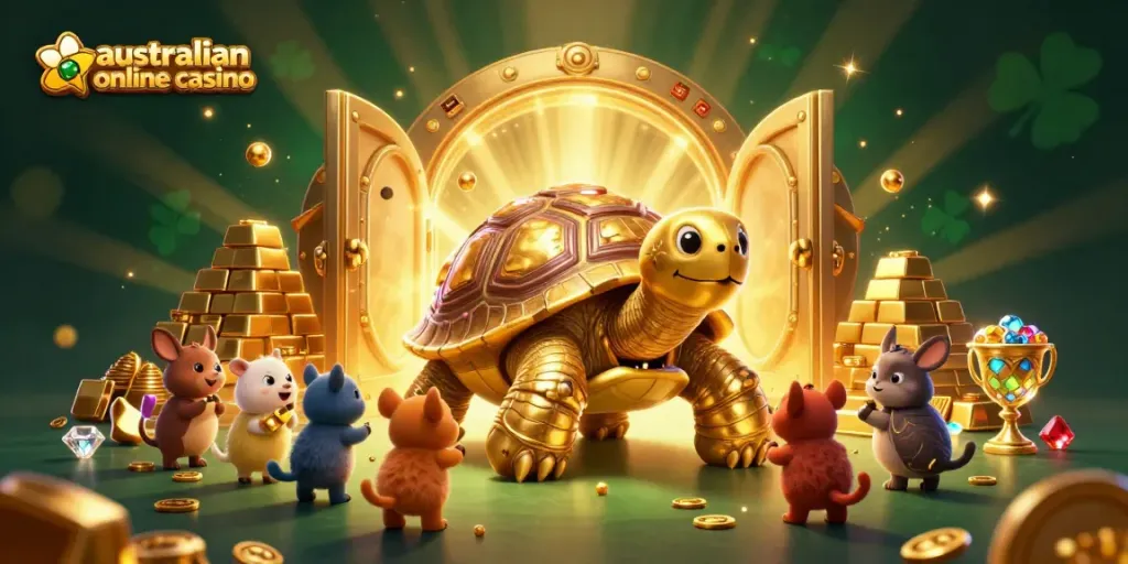 Experience the thrill of the australian online casino with our vibrant 3D illustration filled with golden treasures and exciting gameplay.