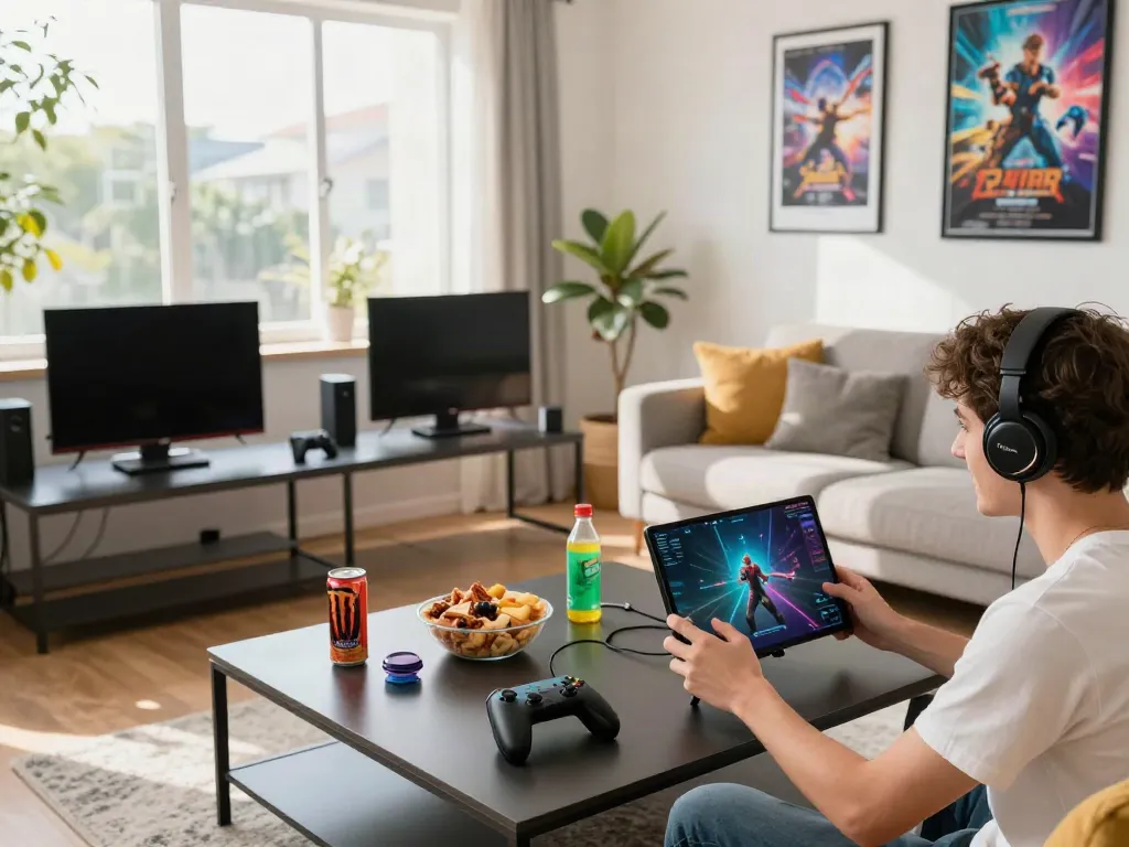 Engaged gamer playing Mod apk on smartphone in a vibrant living room.
