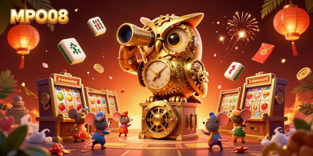 Experience exciting slots at MPO08 while a clockwork owl oversees the casino action.
