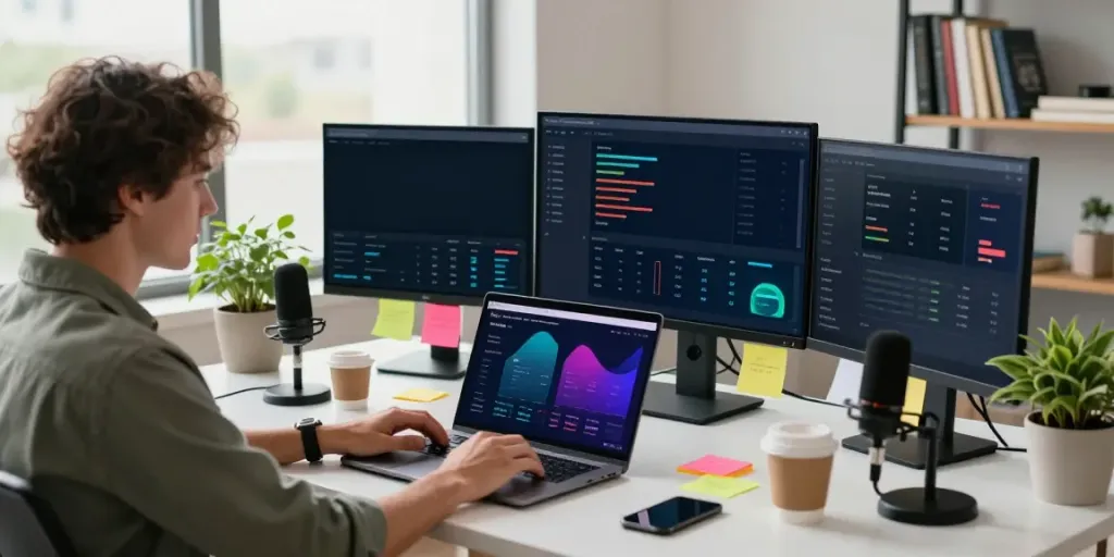 Digital marketer analyzing how to increase Ahrefs DR in a modern SEO workspace