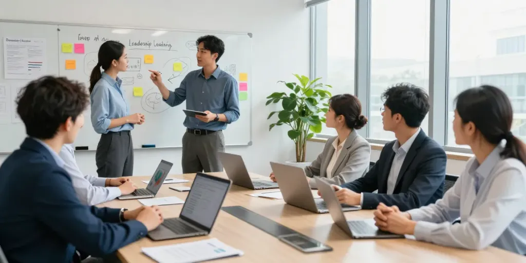 Leadership coaching Connecticut team discussing strategies in a modern conference room.
