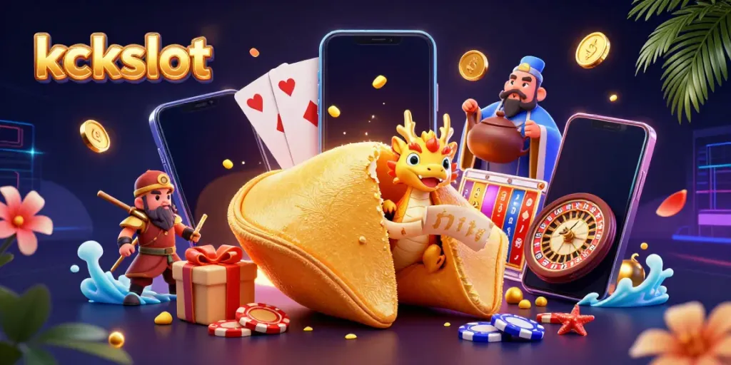 Kckslot menghadirkan ilustrasi kasino mengesankan dengan cookie keberuntungan berkilau dan elemen permainan slot.