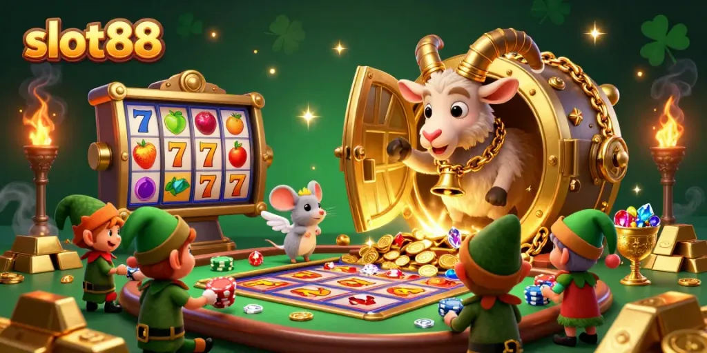 Experience slot88 excitement with animated characters in a whimsical casino scene filled with treasures.