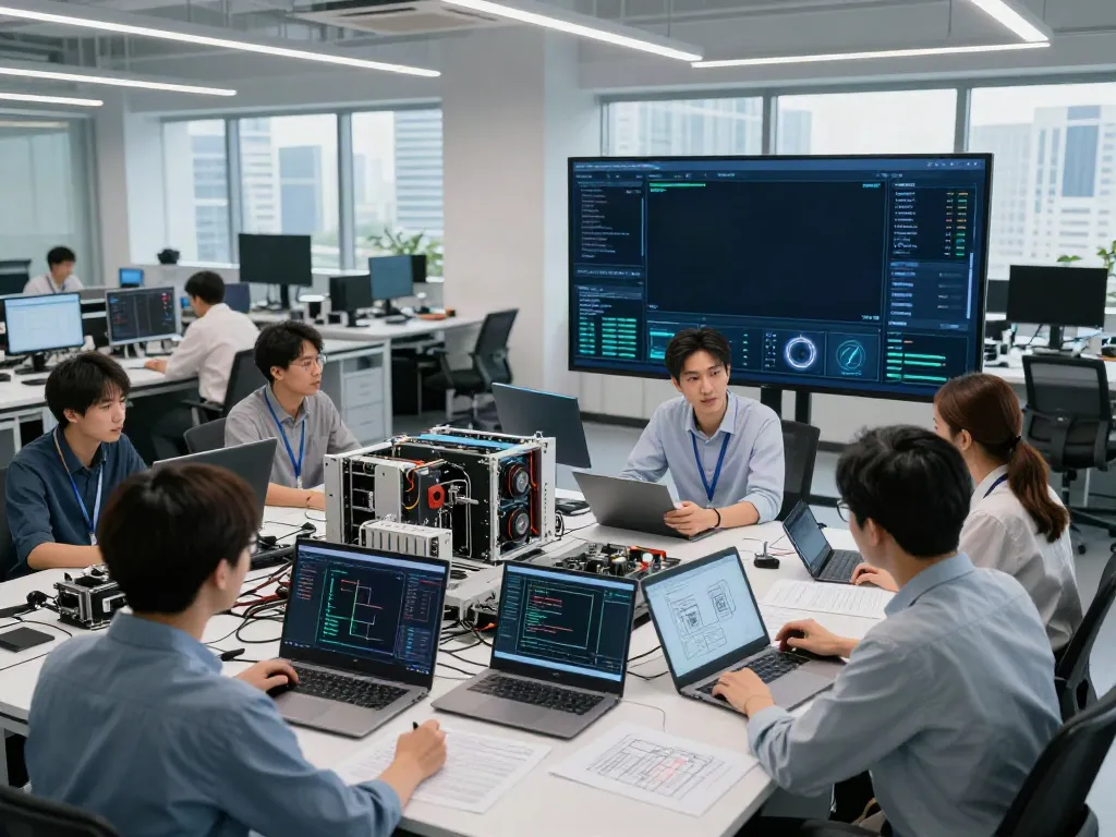 Engineers collaborating on AI infrastructure development in a modern tech lab.