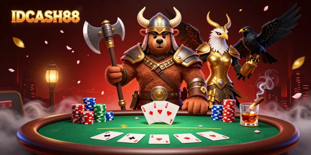 Engage in exhilarating casino adventures with IDCASH88, showcasing a Viking bear and Valkyrie eagle amidst abundant poker chips.