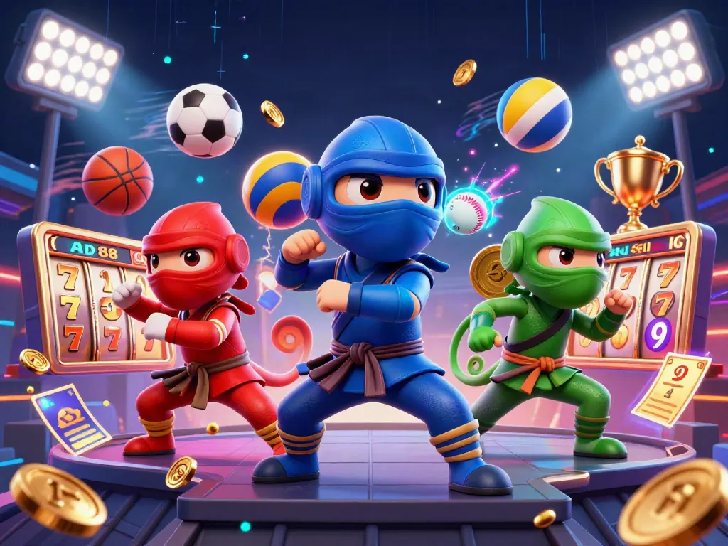 AD88 casino illustration showcasing ninja chameleons and dynamic gaming elements in a vibrant scene.