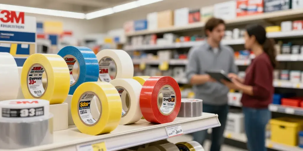 Super33 Daftar selection of 3M Scotch tapes displayed in a hardware store showcasing quality and variety.