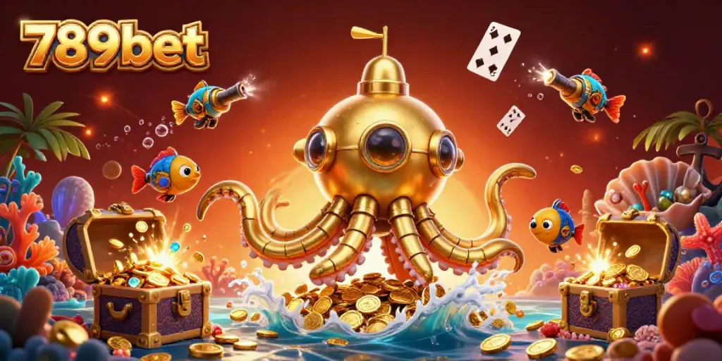Immerse in the world of 789bet with a dynamic underwater scene showcasing the golden kraken submarine surrounded by treasures.