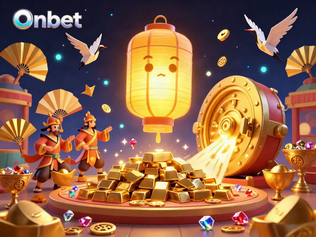 Engage in thrilling casino games at Onbet, with vibrant visuals showcasing a colorful casino spirit and treasures.