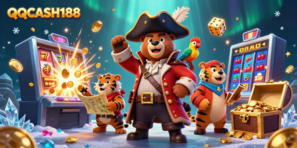 Join the adventure with QQCASH188, as a cartoon pirate captain bear and his crew explore thrilling slot wins!