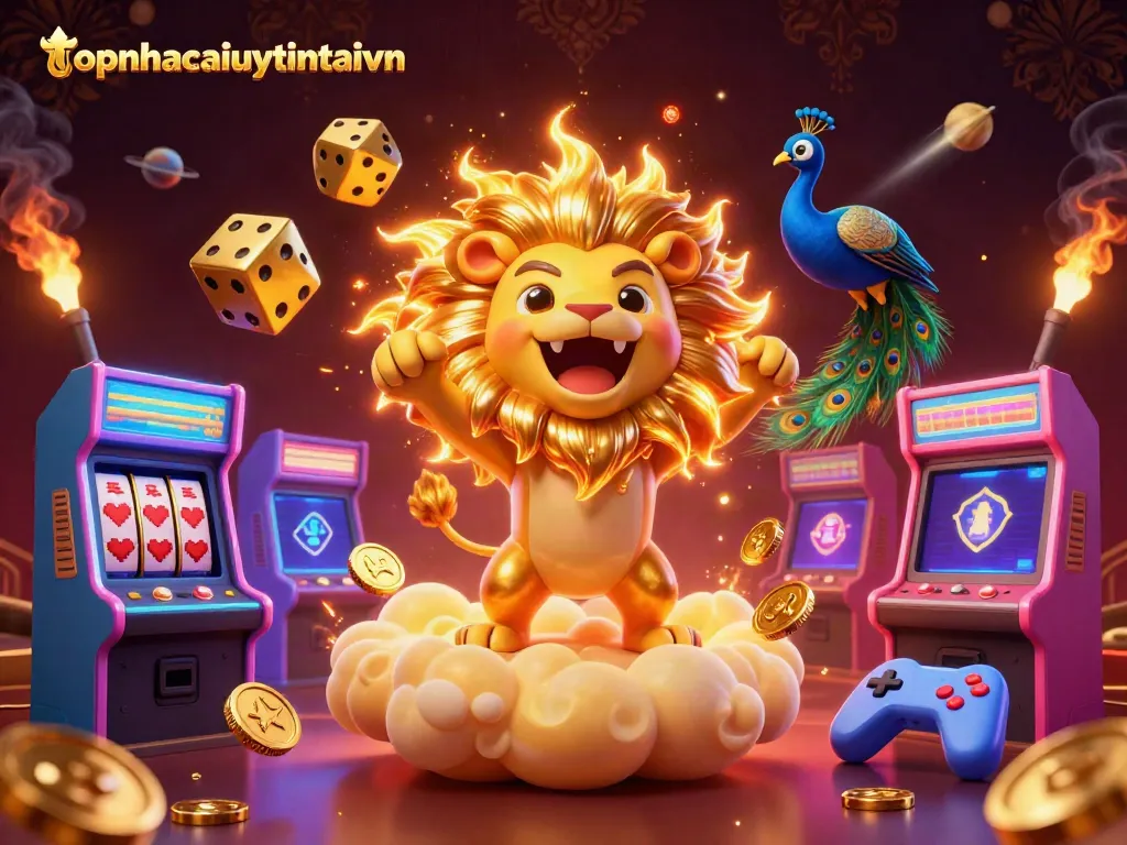 topnhacaiuytintaivn showcases a roaring lion, golden dice, and casino elements in vibrant 3D.