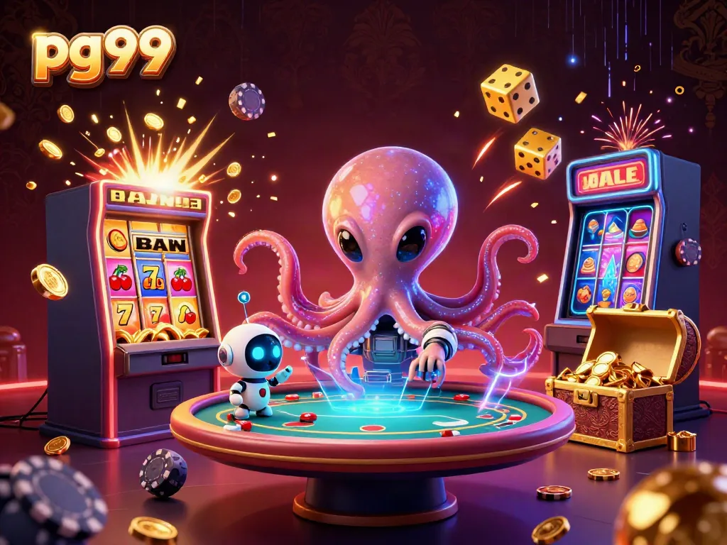 Engage with pg99's exciting alien octopus at a floating poker table in a vibrant casino scene.