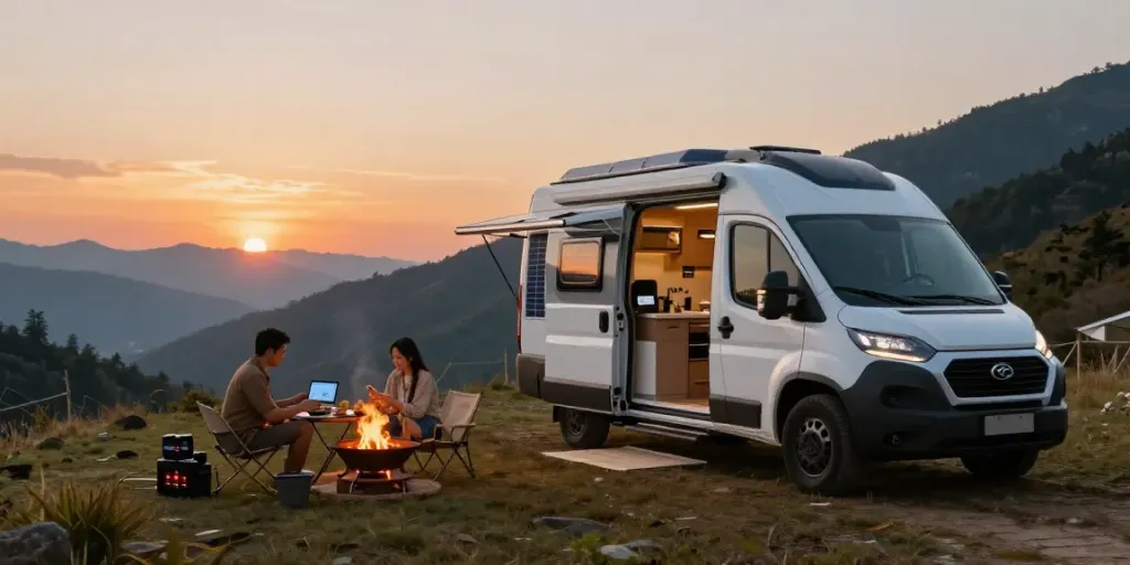 Lithium RV batteries powering a camper van setup in a beautiful mountain landscape during sunset.