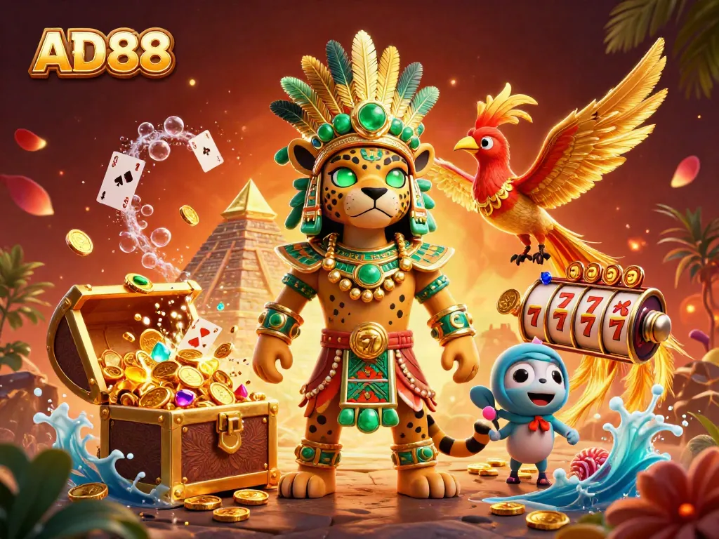 Engage with AD88's vibrant 3D casino scene showcasing thrilling slot elements and Mayan-inspired characters.
