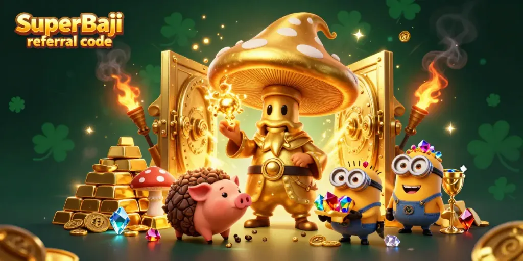 Play and win with the SuperBaji referral code surrounded by golden treasures and magical creatures.