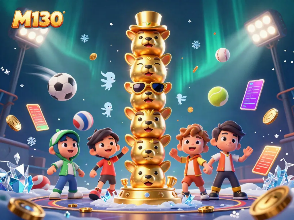 Experience exciting M130 gameplay with sports elements and a dynamic totem pole character in a vibrant casino scene.