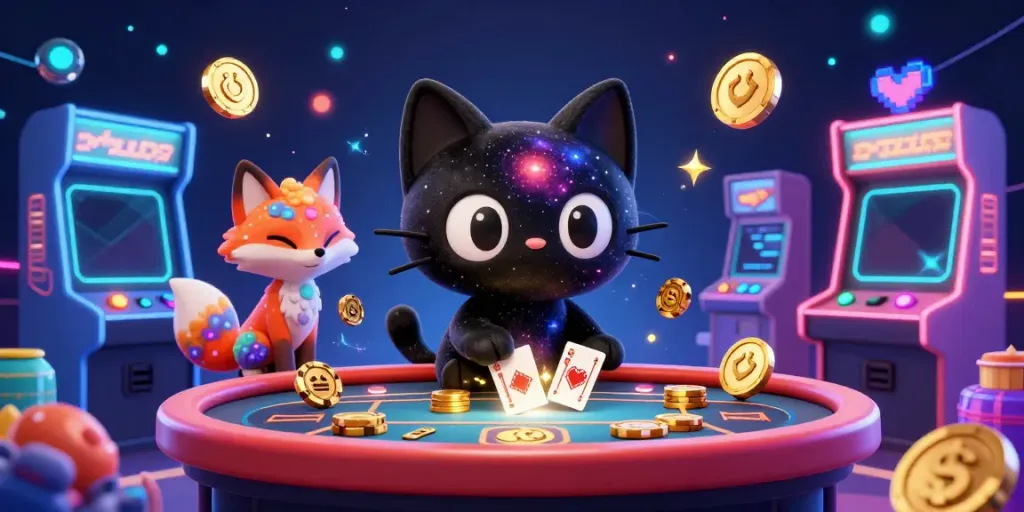 Experience the cosmic casino fun with nohu90's black hole cat and colorful pixel elements.