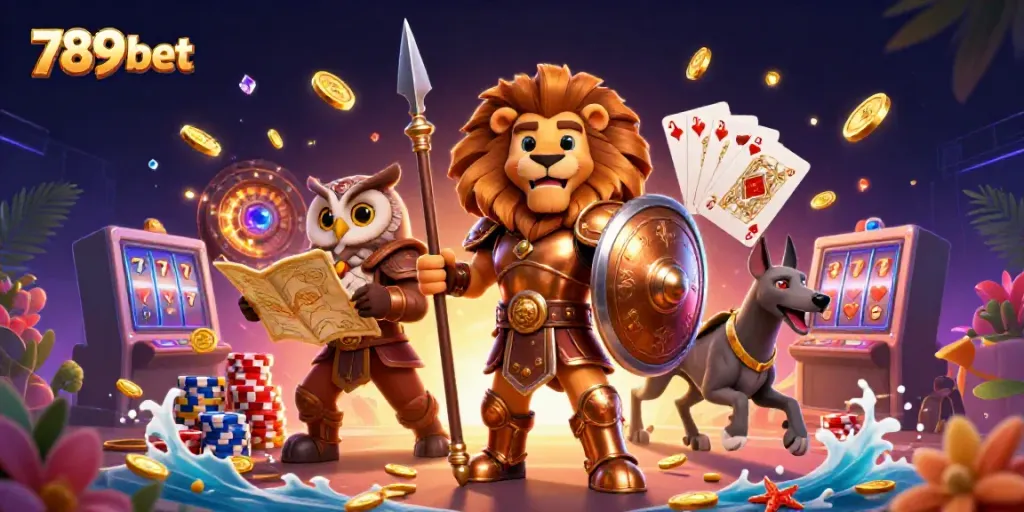 Experience the excitement of 789 bet with a dynamic 3D casino scene featuring a Spartan lion, owl strategist, and greyhound!