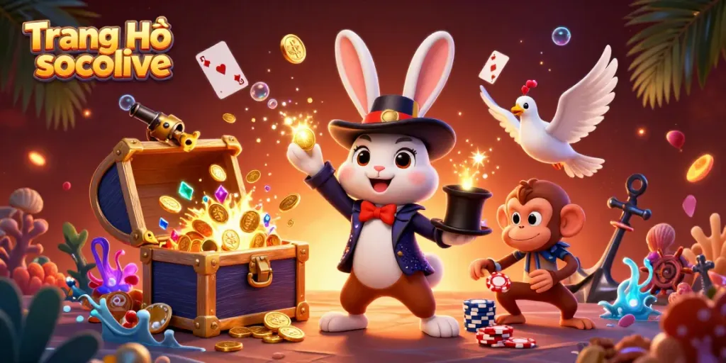 Engage with Trang Chủ socolive showcasing a vibrant scene of animated characters and gambling elements, full of energy.
