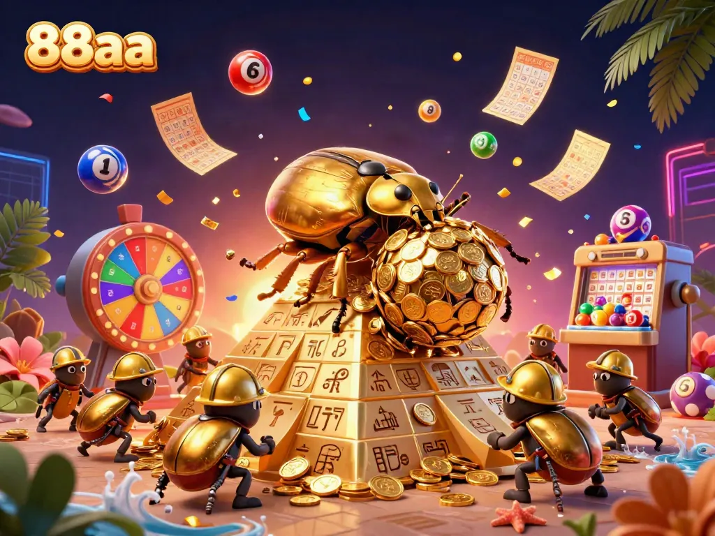 Experience exciting gameplay with 88aa, featuring 3D cartoon beetles, colorful lottery balls, and vibrant casino elements.