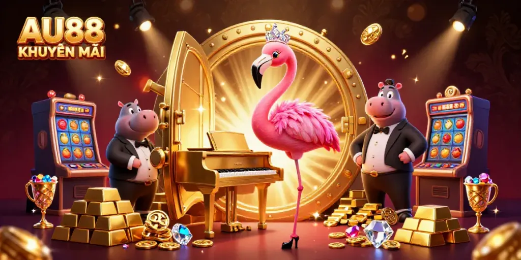 Experience the excitement of AU88 KHUYẾN MÃI with vibrant casino characters amidst golden treasures.