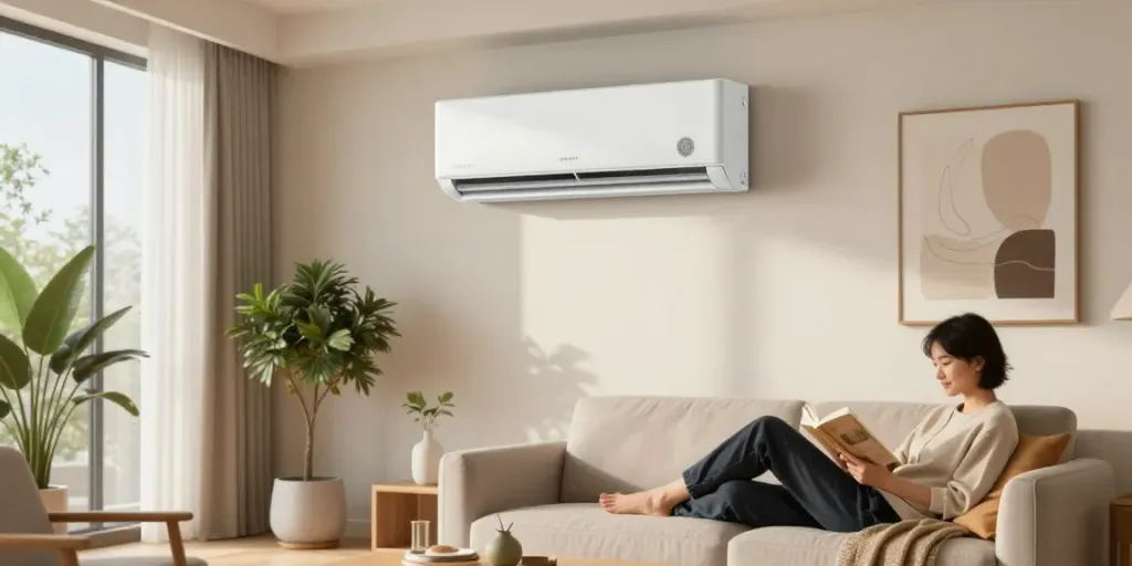 Cozy living room with a mini split of air conditioner, stylish interior, and natural lighting.
