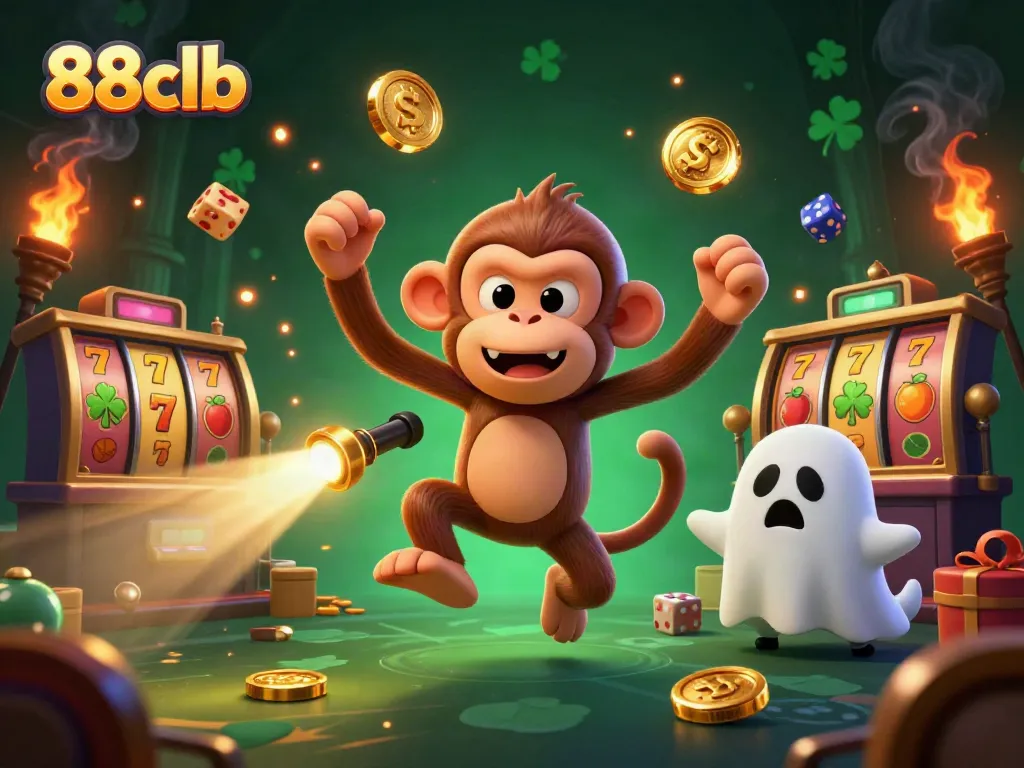 Engage with thrilling slots at 88clb as a mischievous monkey juggles golden treasures in a vibrant casino.