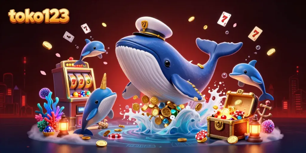 Toko123's vibrant online casino scene with a whale, narwhal, and playful dolphins amidst slot machines and treasure.