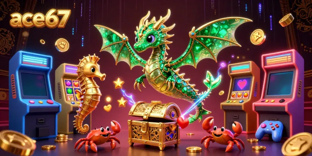 Experience the thrilling world of ace67 with a colorful 3D casino scene featuring a sea dragon and arcade elements.