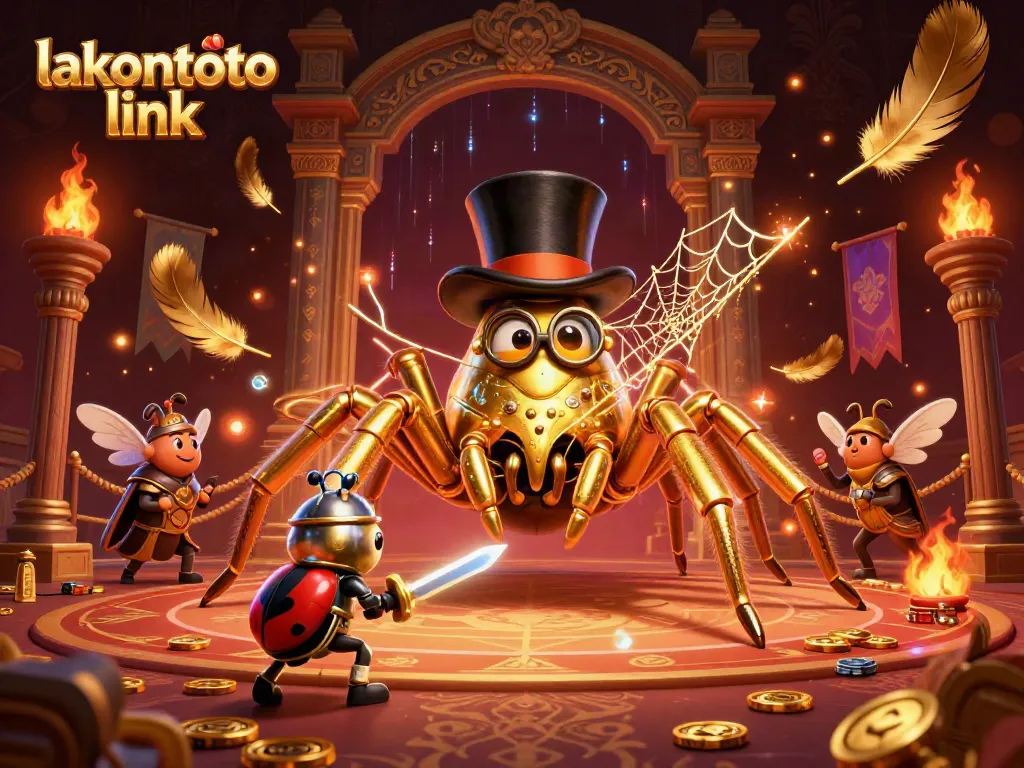 Menyambungkan pemain togel melalui lakontoto link dengan ilustrasi tarantula emas dan ksatria kecil di arena kasino.