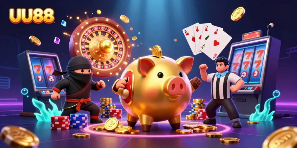 UU88 showcases dynamic fun with a golden piggy bank sumo wrestler celebrating coins and winnings.