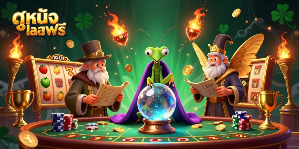 Experience thrilling ดูหนังออนไลน์ฟรี in this vibrant casino scene with lucky symbols and joyful characters.