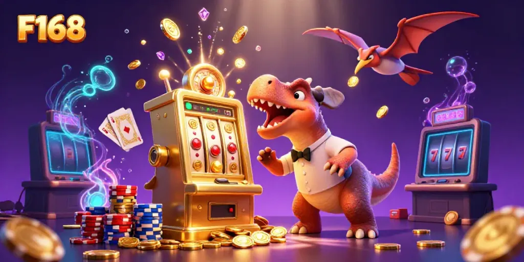 F168 brings excitement as a pachycephalosaurus hits a golden slot machine, sending coins flying