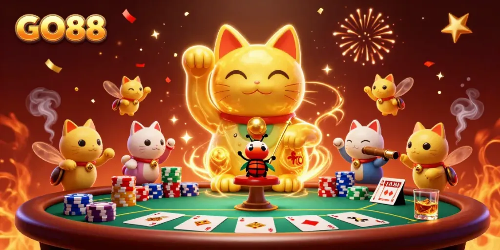 Engage with the lively GO88 casino scene featuring a lucky cat formed by fireflies, poker elements, and celebratory effects.