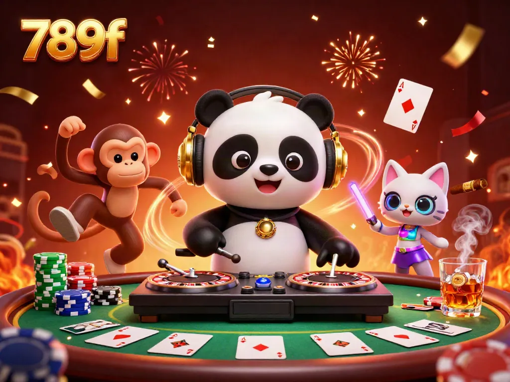 Experience thrilling gameplay at 789f with an energetic scene featuring a DJ panda and vibrant casino elements.