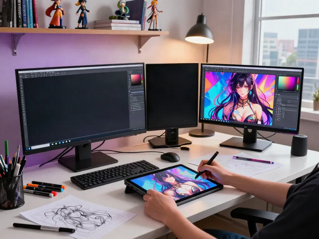 Dynamic setting of a digital artist creating hentai AI chat characters at a vibrant studio.