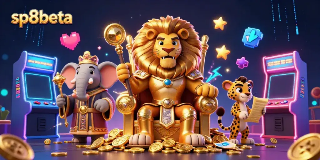 Experience the thrill of sp8beta with a vibrant 3D casino scene featuring a lion king and game machines.
