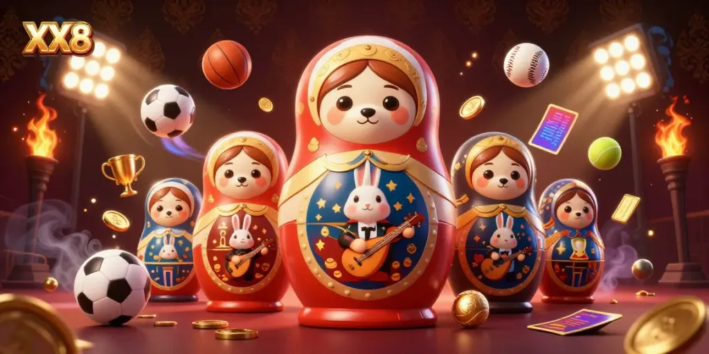 Experience the vibrant world of XX8 with a lively scene featuring a Matryoshka bear, casino elements, and sports balls.