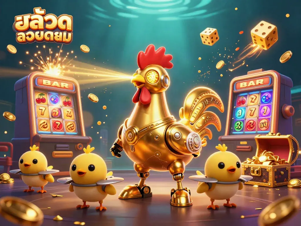 Engage with สล็อตยอดนิยม as golden rooster robot and baby chick drones explode with jackpot winnings.