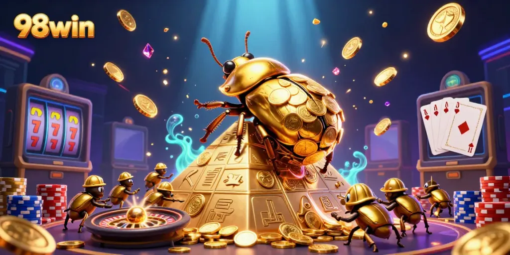 Experience thrilling gameplay with 98win's dynamic golden beetles and casino symbols in a vibrant setting.