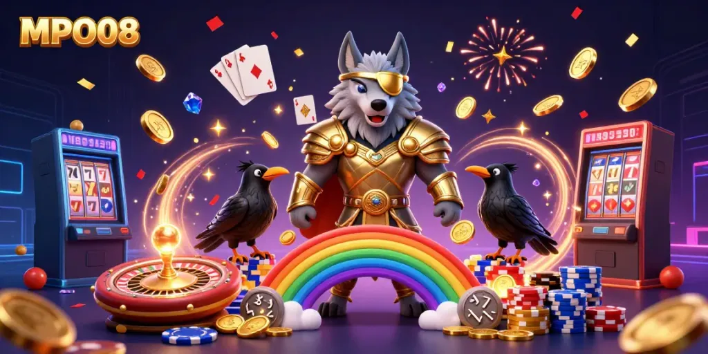 Engage with MPO08 and enjoy thrilling gaming elements in a vibrant casino-themed illustration.