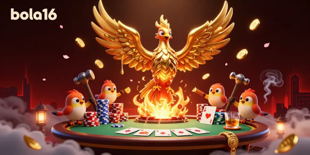 Experience the thrill of bola16 with a molten phoenix among dynamic poker elements in a captivating 3D scene.
